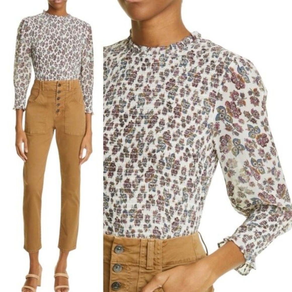 NWT Veronica Beard Kali Shirred Floral-Print Chiffon Top Sz 12